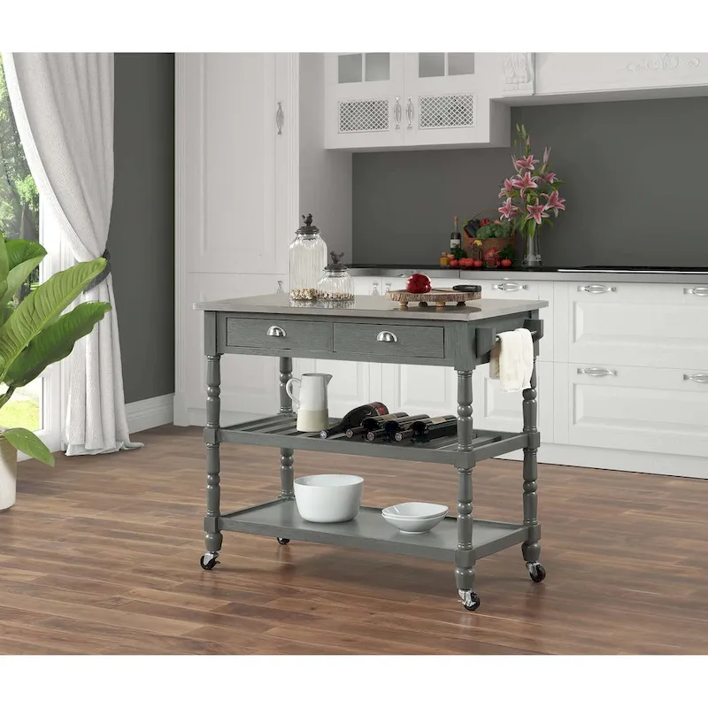 French Country 3 Tier Stainless Steel Kitchen Cart with Drawers