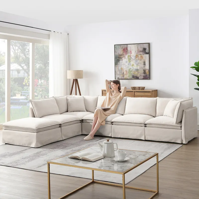 L Shaped Modular Sectional Chenille Sofa with Movable Ottoman