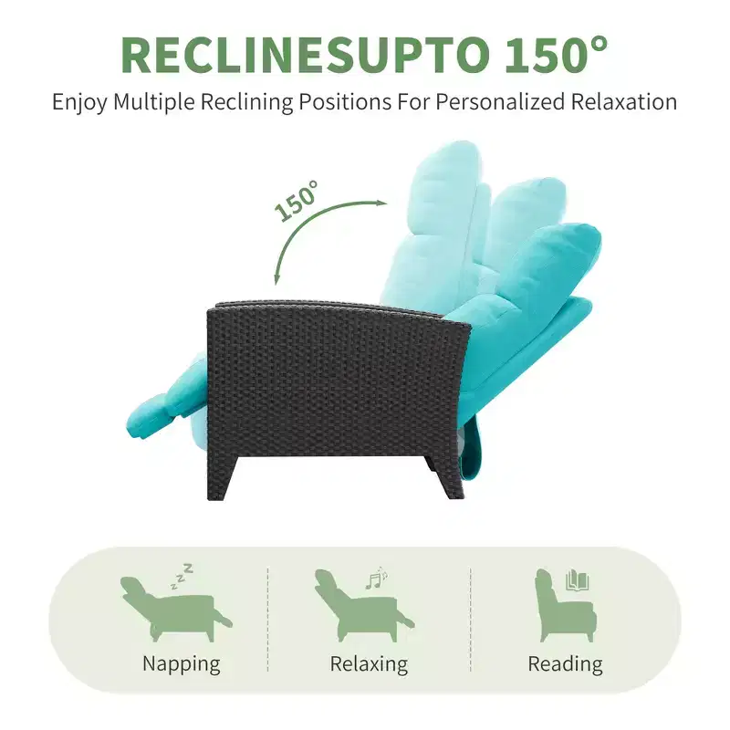 Wicker Recliner Chair with Adjustable Back & Footrest,150 Lay Flat Rattan Reclining Patio Chair with Extendable Side Table & Air Pump