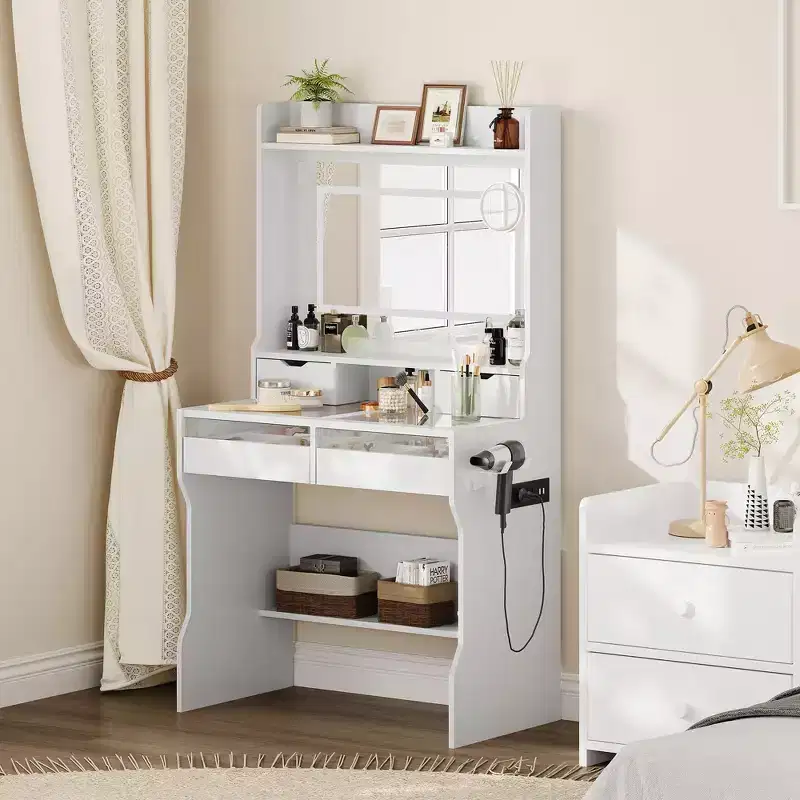 White Wood Dresser with LED Mirror, Power Outlet & 3 Lighting Modes, 4 Storage Drawers for Bedroom