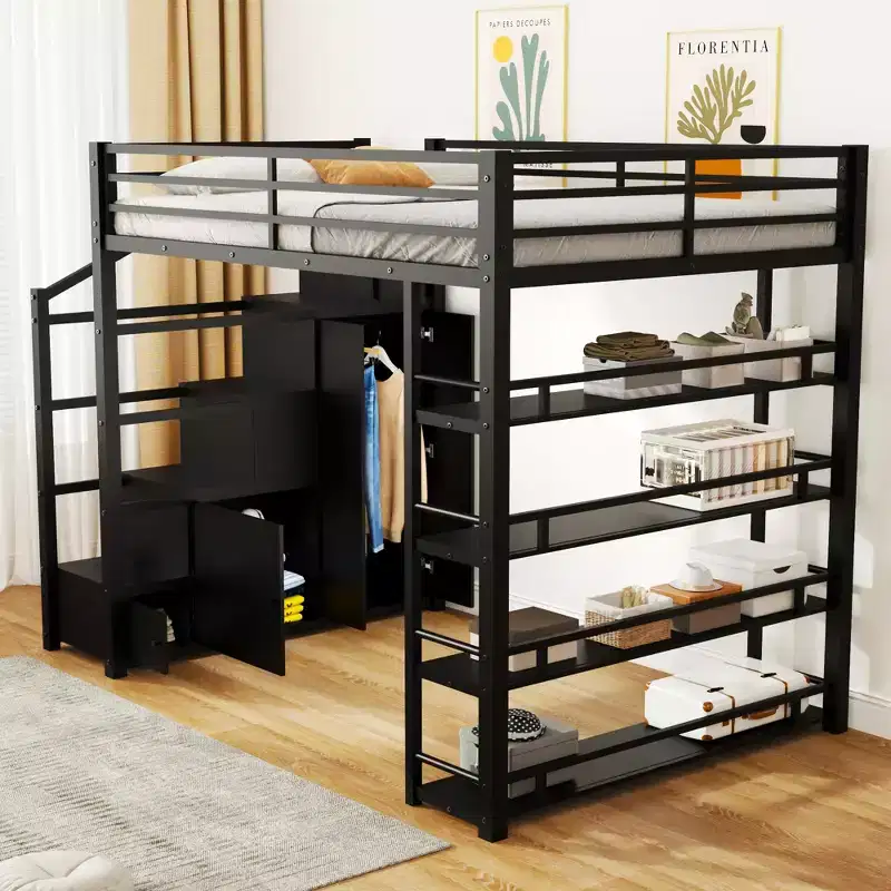 GDF Studio Martinez Metal Loft Bed with Storage Shelves, Cabinets and Wardrobe