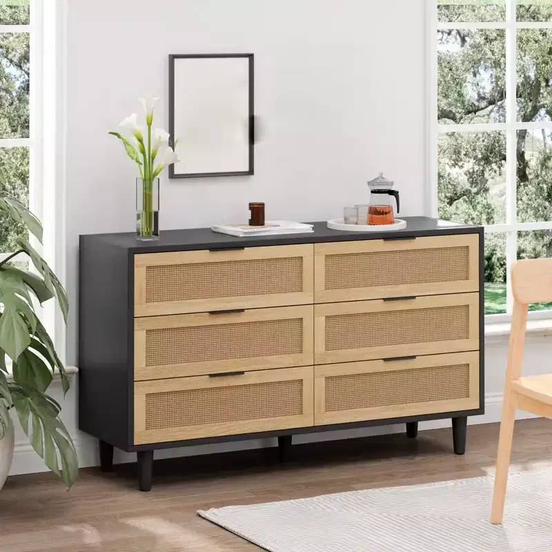 Rattan 6 Drawer Dresser for Bedroom, Dresser Chest of Drawers, Beside Table for Closet, Storage Organizer for Hallway Living Room Bedroom