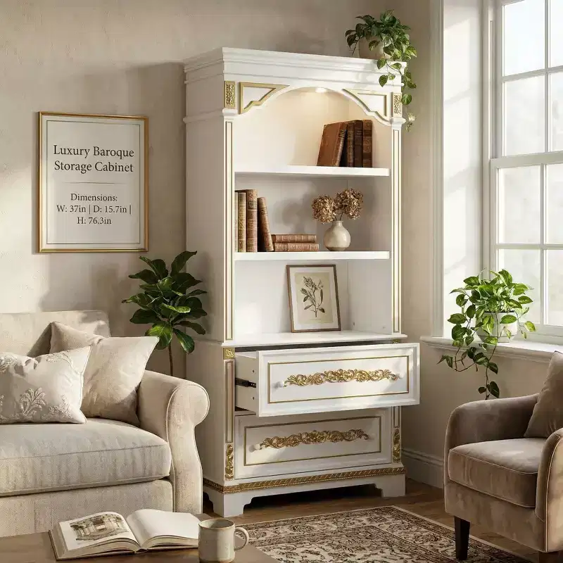 White Decorative Storage Cabinet with LED Spotlight and Ornate Gold Carvings for Living Room & Entryway