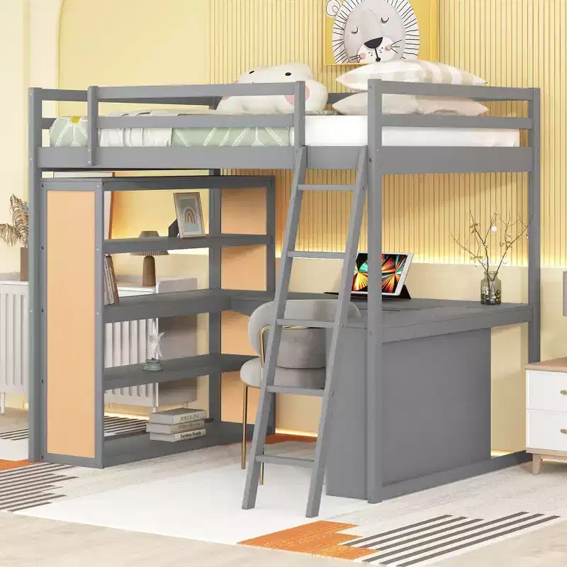 Twin/Full Size Wooden Loft Bed with Ladder, Shelves, a Drawer and Desk