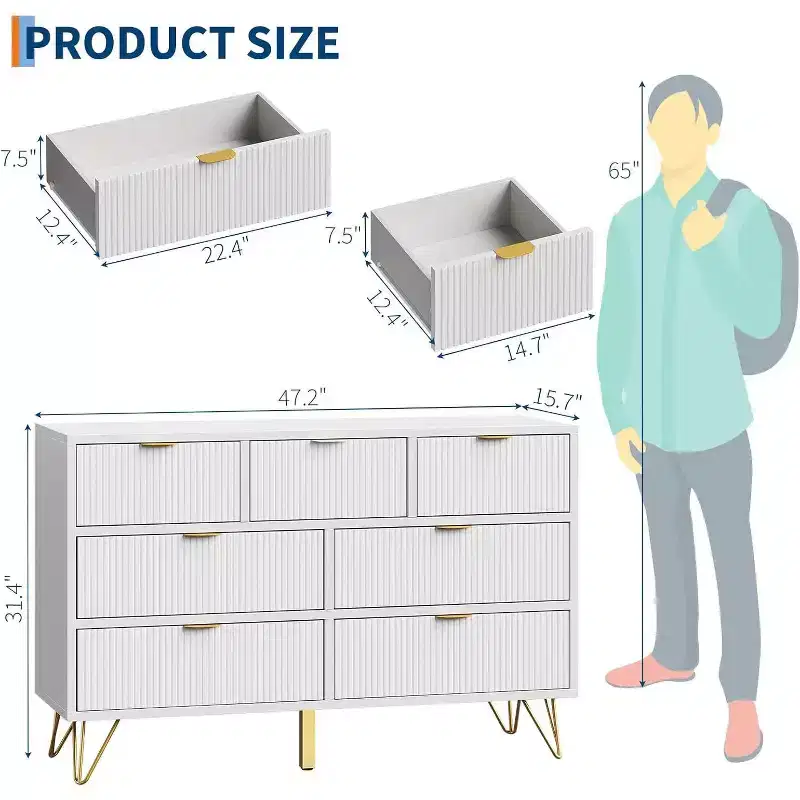 7 Drawer Modern Dresser, 47.2 in Wide Wooden Chest with Gold Metal Legs & Handles, for Bedroom, Entryway, Living Room, Office