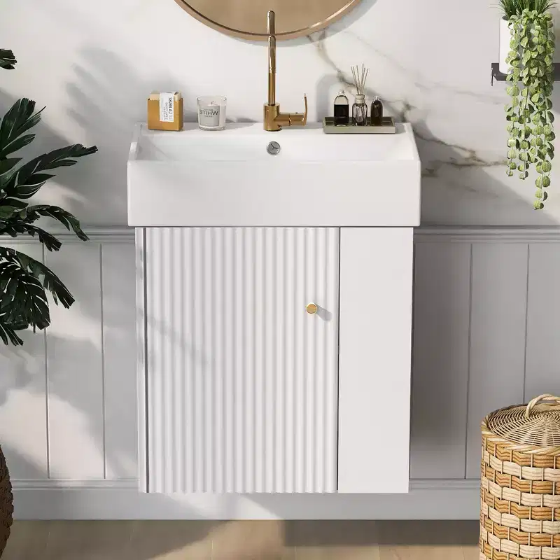 Floating Bathroom Vanity with Ceramic Top Sink, Right/Left Side Storage Space, Wall-Mounted Wooden Bathroom Cabinet for Small Bathroom