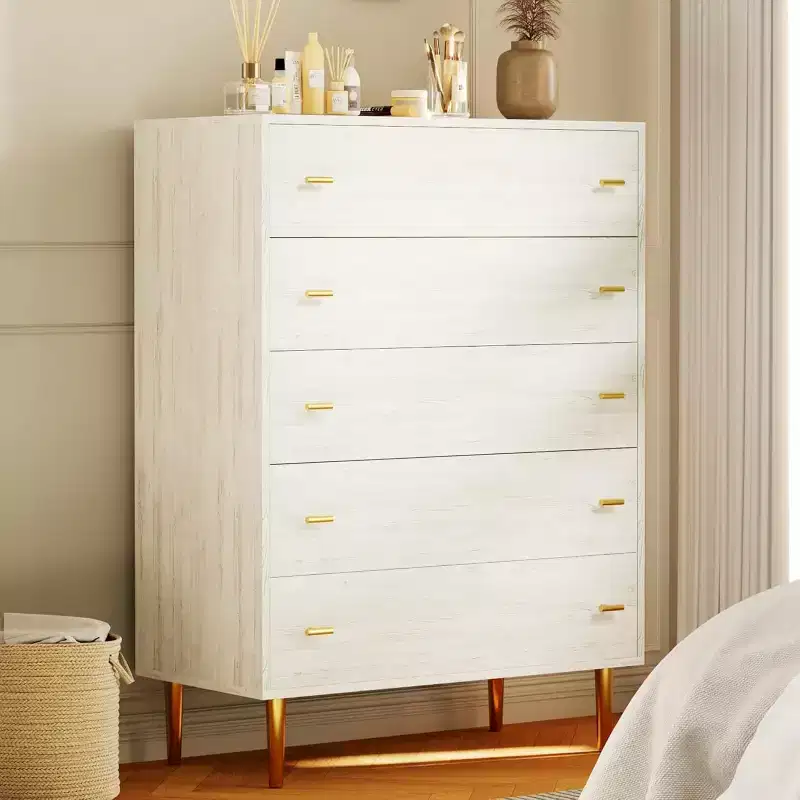 Dresser for Bedroom, 44 Tall Dresser with 5 Drawers, Chest of Drawers with Storage, Vintage Wood Dressers for Closet, Living Room, Hallway