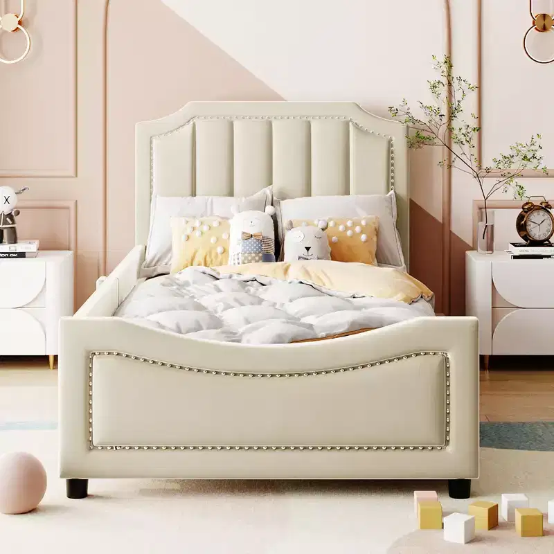 Twin Size Upholstered Daybed with Stripe Shaped Headboard, Velvet Twin Daybed for Bedroom