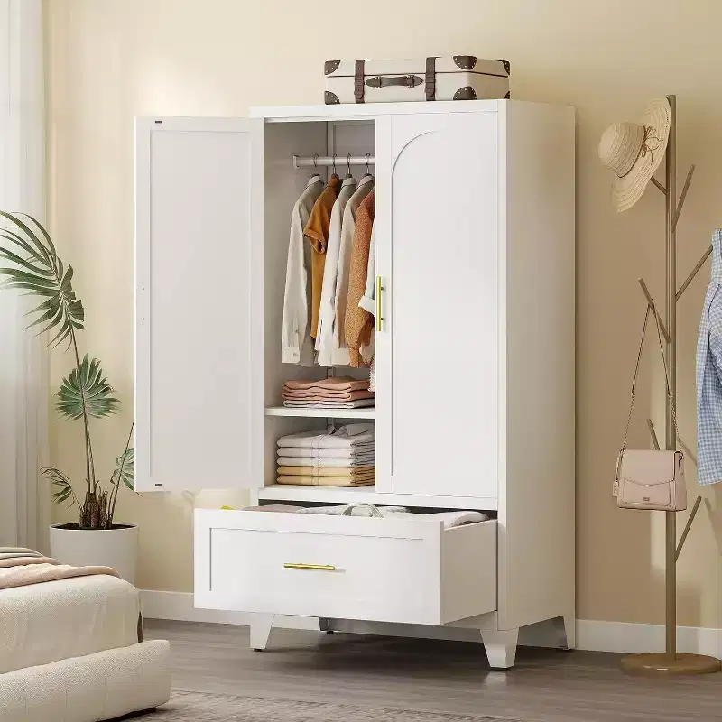 Zevemomo 60.16 Metal Armoire Wardrobe Closet with Drawer and Adjustable Shelf, Tall Storage Cabinets for Bedroom, Laundry Room, Office, White