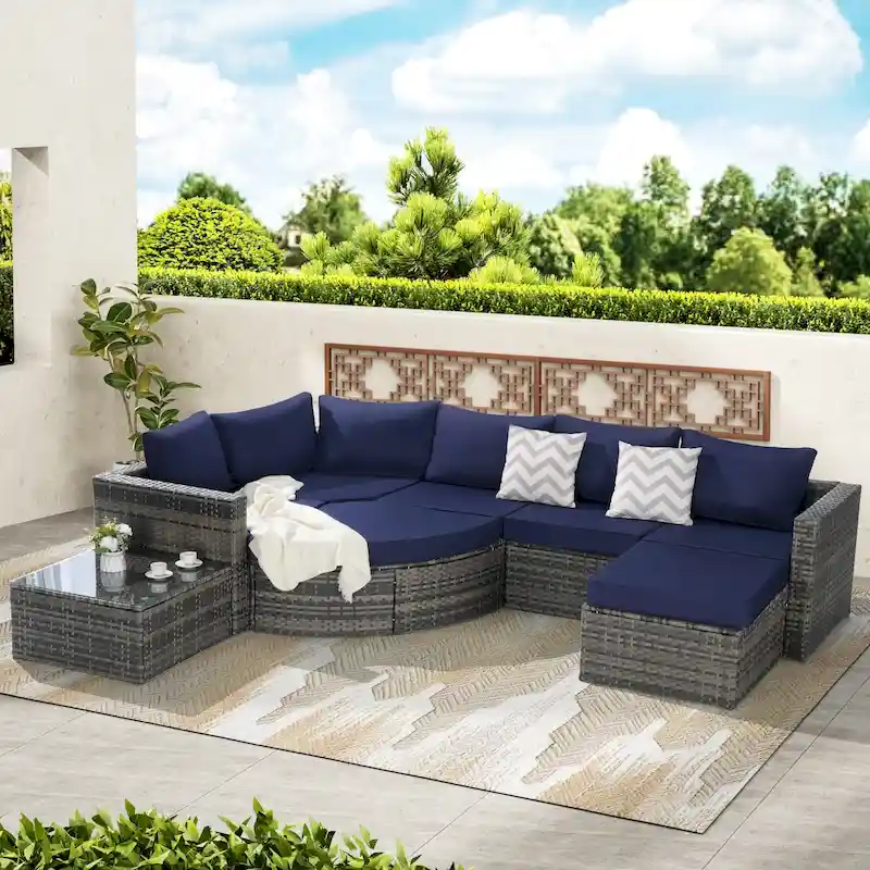 8 Pcs Outdoor Sectional L- Shaped Sofa Set, Patio Wicker Conversation Set Furniture with Curved Sofa Ottoman and Coffee Table