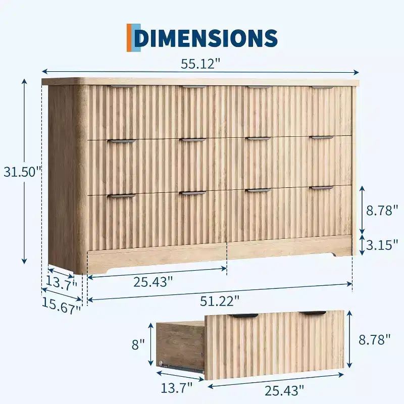 Fluted 6-Drawer Dresser with Wavy Design & Solid Wood Top