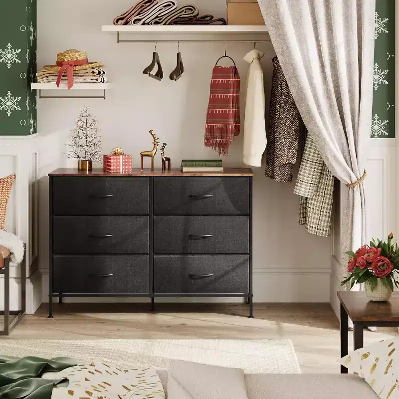 Wide Dresser with 6 Drawers, Fabric TV Stand for 50 Inch TV, Metal Frame, Wooden Top, Fabric Storage Dresser for Bedroom, Hallway, Entryway,