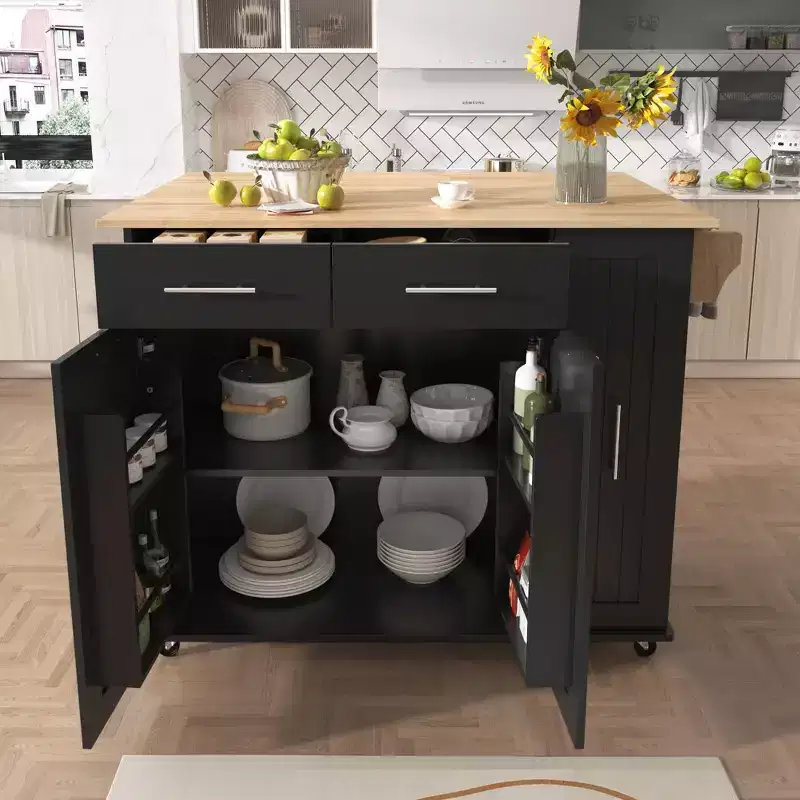 Okak Kitchen Island with 3 Tier Pull Out Cabinet Organizer, Kitchen Cart with Drop Leaf and Storage Rack, Countertop Organizer for Kitchen