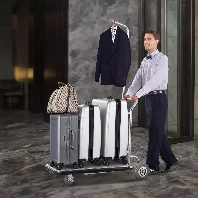 VEVOR Luggage Cart, 600 LBS Load Capacity, 3 Wheel Stainless Steel Bellman Cart, Valet Cart with Grey Carpeted Deck and Rubber Wheels, Silver