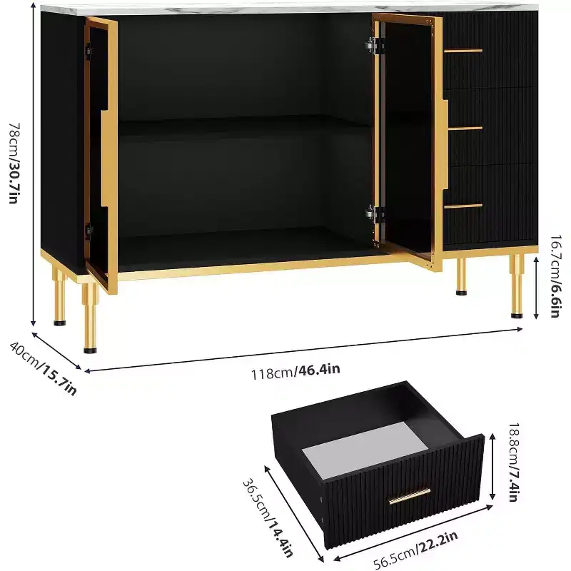 46.4 Buffet Sideboard Cabinet with Storage, 2 Glass Doors 3 Drawers and Shelves, Marble Top Kitchen Sideboard Cabinet for Dining Room