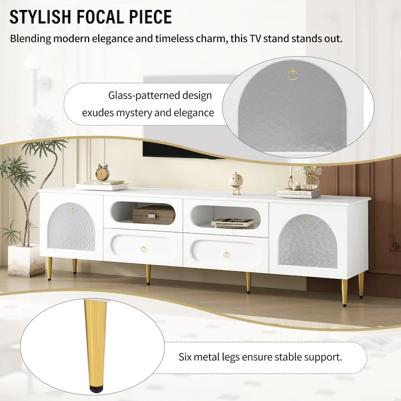 78.8 Retro TV Stand, Entertainment Center Media Console Cabinet with Six Metal Legs, 2 Cabinets, 4 Drawers