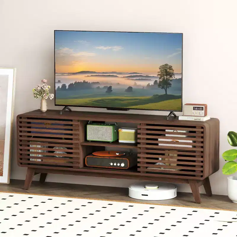 Costway TV Stand w/Sliding Doors Adjustable Shelves & Rubber Wood Legs for TVs up to 65''
