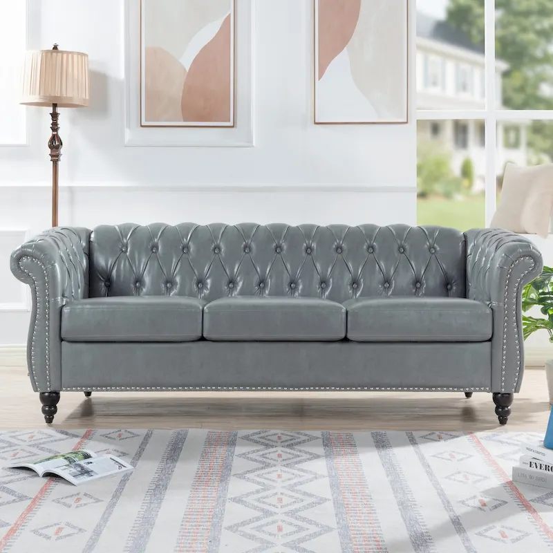 Classically Elegant 84.65 Three-Seater Rolled Arm Chesterfield Sofa in PU Leather - Sturdy Birch Legs, Soft Upholstery
