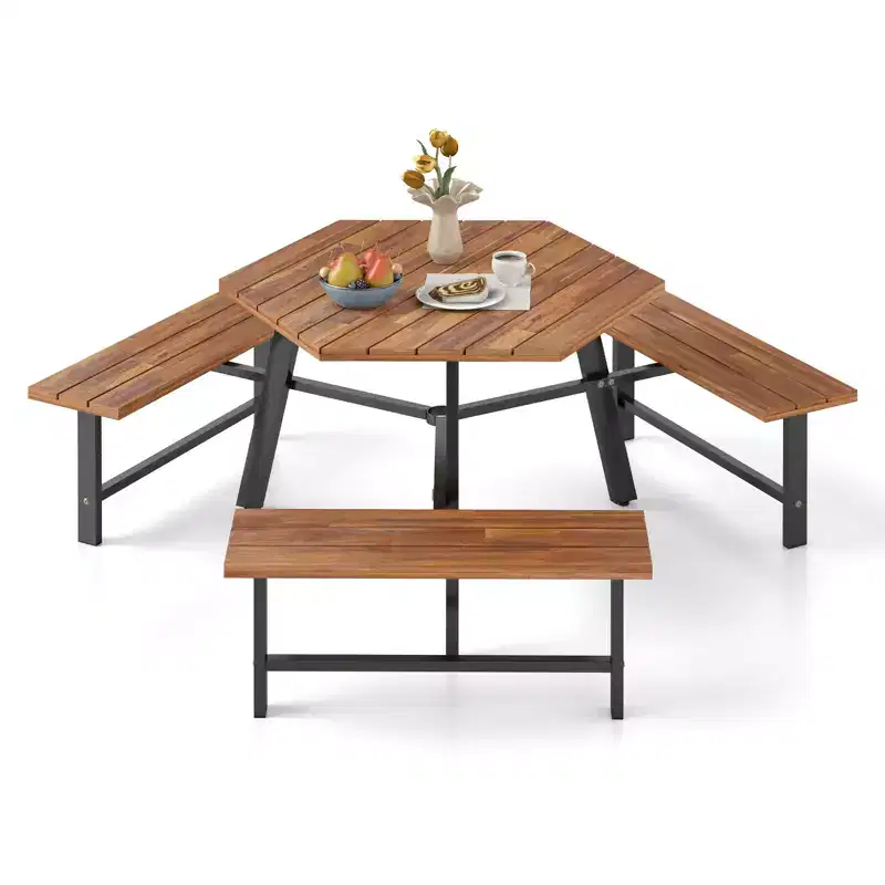 Costway 6 Person Acacia Wood Picnic Table Bench Set w/3 Seats Umbrella Hole Metal Frame