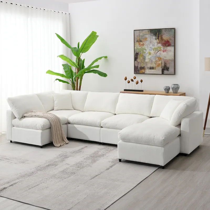 Beige 130 Chenille Cloud U-Shaped Sleeper Sectional Sofa, 6-Piece Modular Design