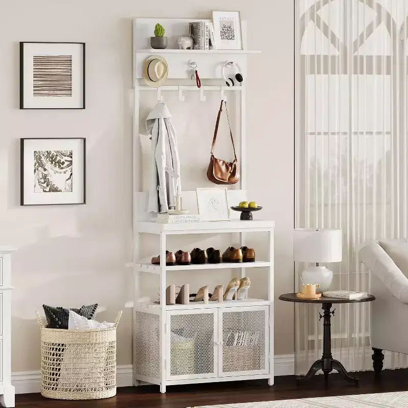 Hall Tree with Doors, 72.8in Narrow Coat Rack & Shoe Storage, Entryway Organizer with 7 Hooks, Shelves & Mesh Cabinet, White