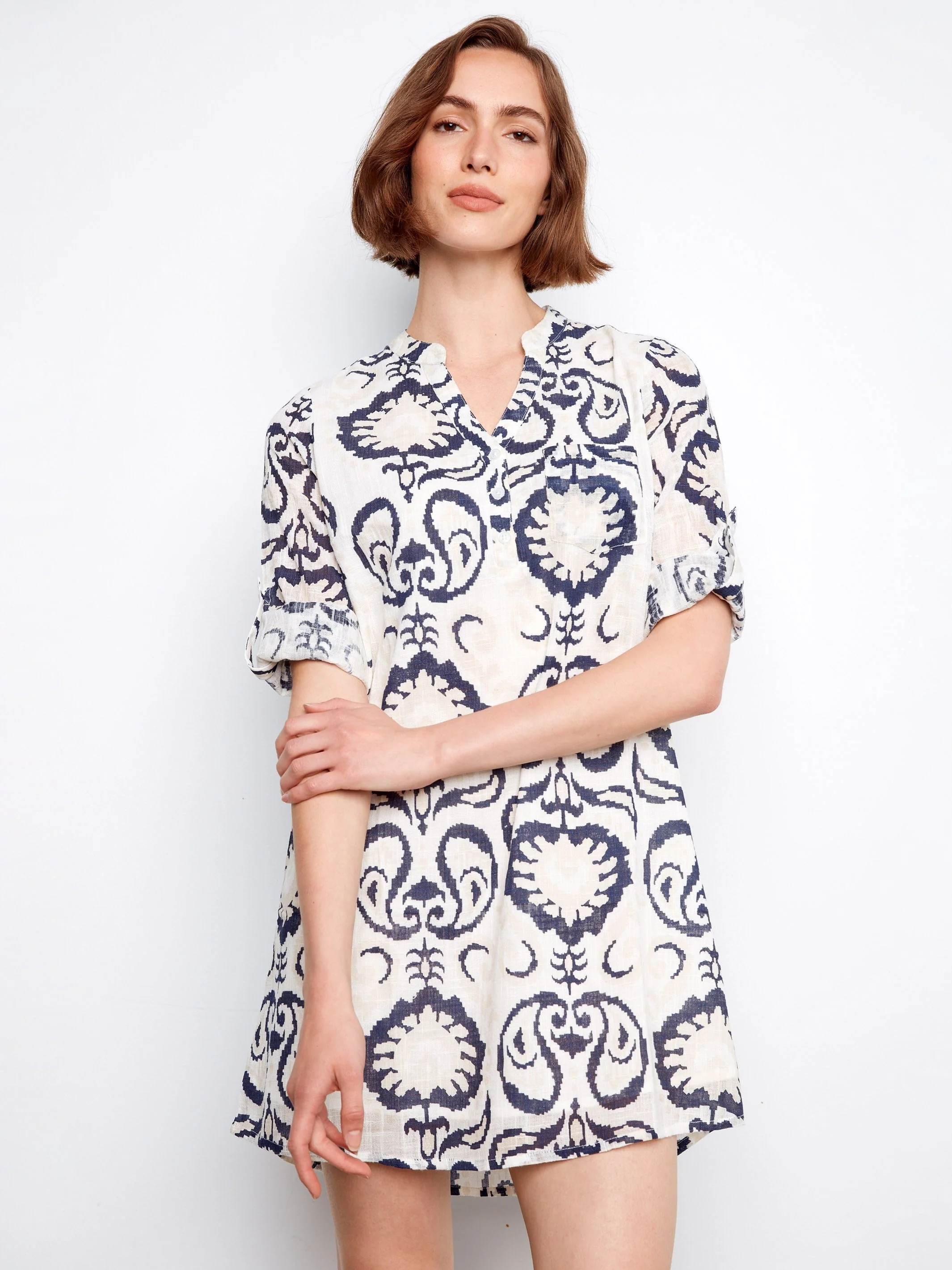 Printed Cotton Blend Henley Shirt Dress - Patterned