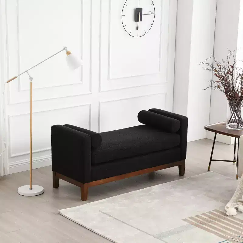 Boucle Upholstered Bench, Ottoman Bench with Wood Legs & Bolster Pillows For End Of Bed, Bedroom, Living Room, Entryway