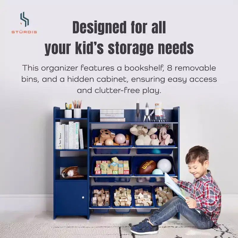 Sturdis Kids Toy Storage Organizer with Bookshelf and 8 Toy Bins