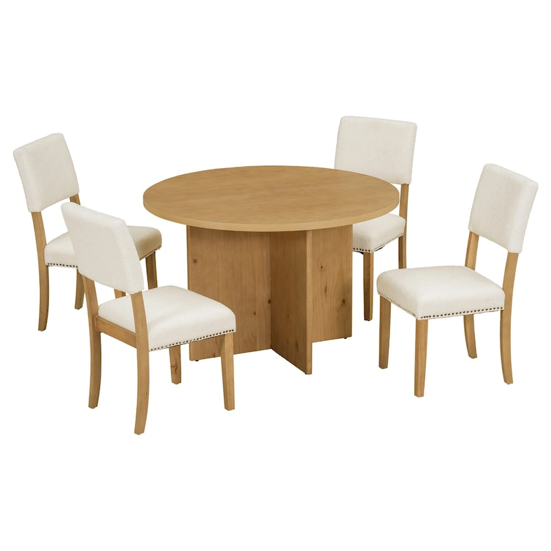 Sakin Modern 5-Piece Round Dining Table Set with Pedestal Base and Upholstered Chairs by GDFStudio