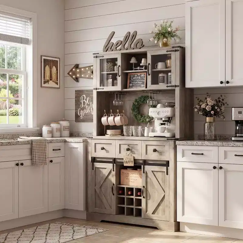 Wood Farmhouse Bar Cabinet 72''H with Sliding Barn Door & 3 Drawers