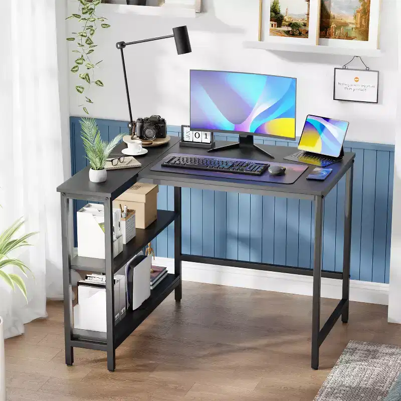39/43 Inch L-Shaped Desk for Gaming & Study with Metal Frame & Storage Shelves