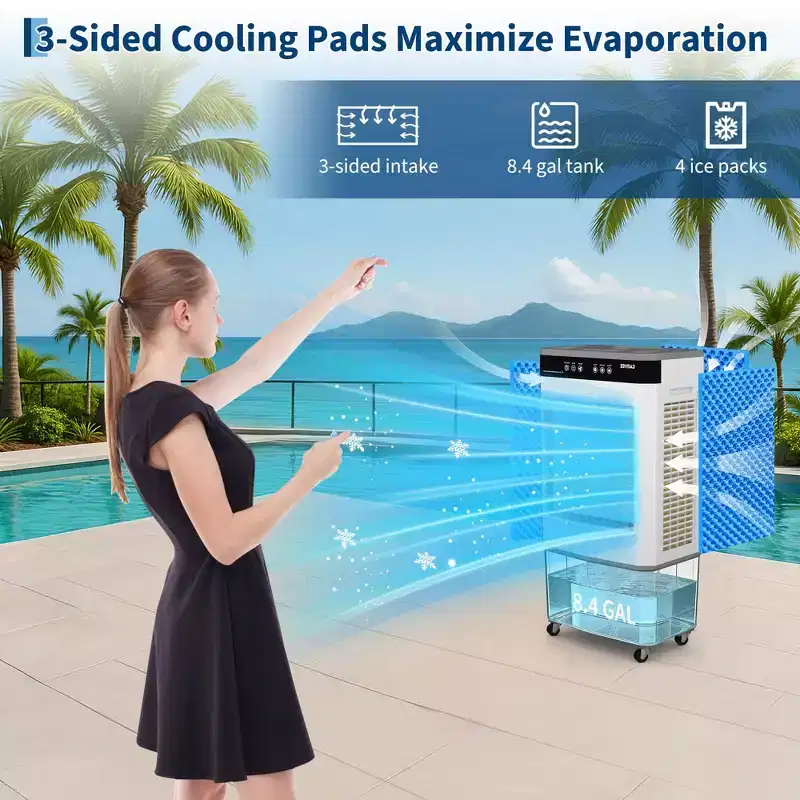 Portable Air Conditioner Fan - 3-Speed Evaporative Cooler, Adjustable Airflow, Remote Control, 2/4/8H Timer, for Bedroom, Dorm, Office, and Travel