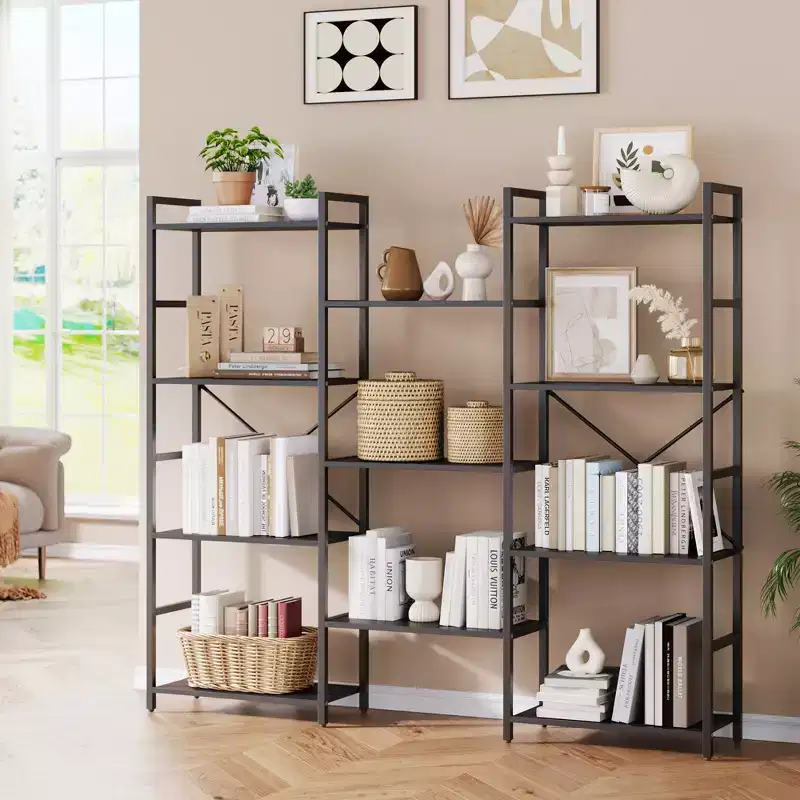 4 Tier Bookshelf with 11 Open Shelves, Triple Column Wide Bookcase for Home and Office, Spacious and Stylish Storage Organizer