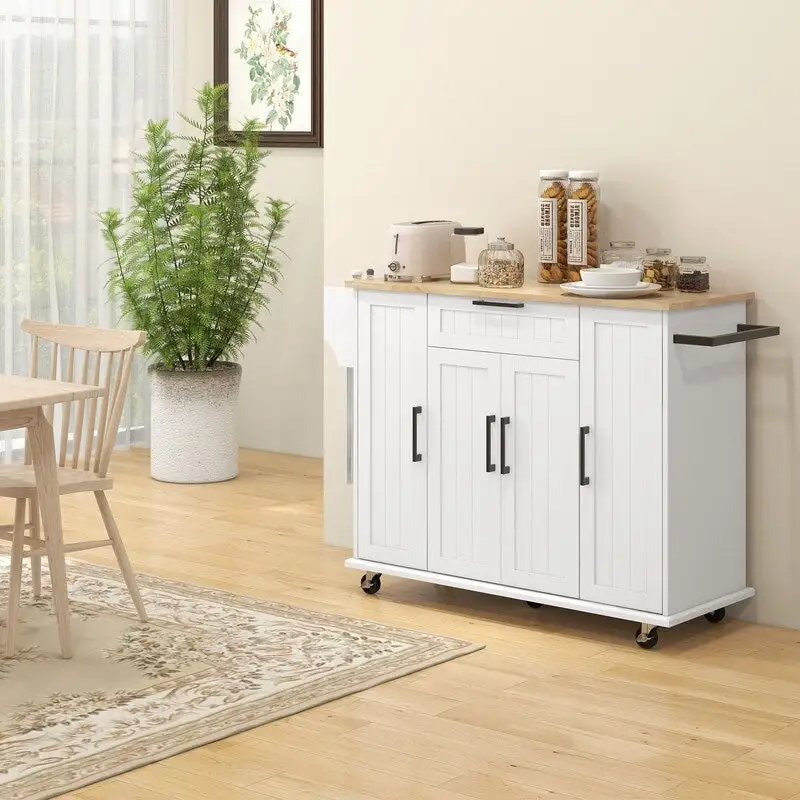 52Kitchen Island Rolling Kitchen Cart with Rubberwood Top,Spice Rack,Towel Rack,Drawer