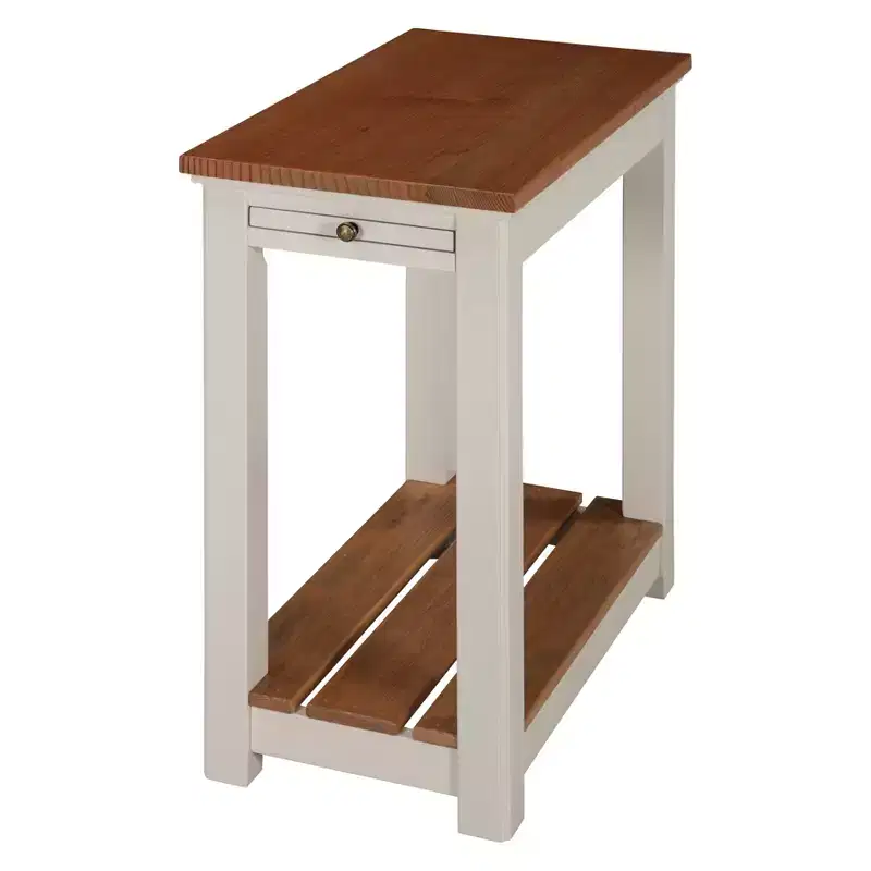 Chairside End Table with Pull-Out Shelf, Ivory with Natural Wood Top