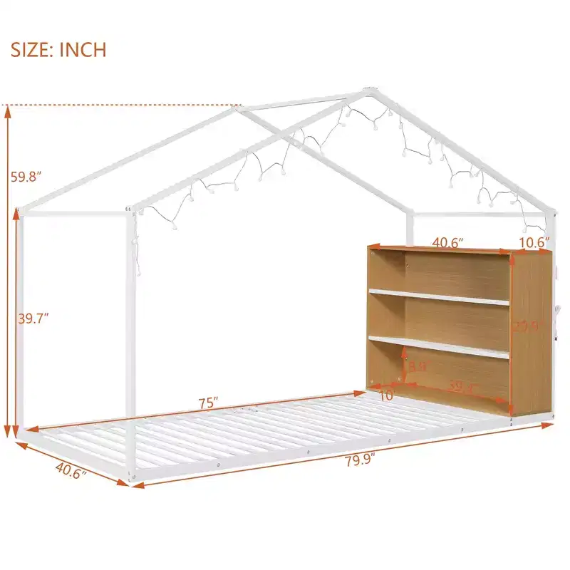 Twin Size Metal House Bed with Shelves and LED Lights
