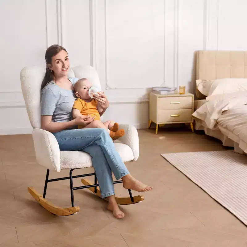 VEVOR Rocking Chair Nursery, Glider Rocking Chair with Soft Seat and High Backrest, 250 lbs Weight Capacity Teddy Fabric, Ivory White