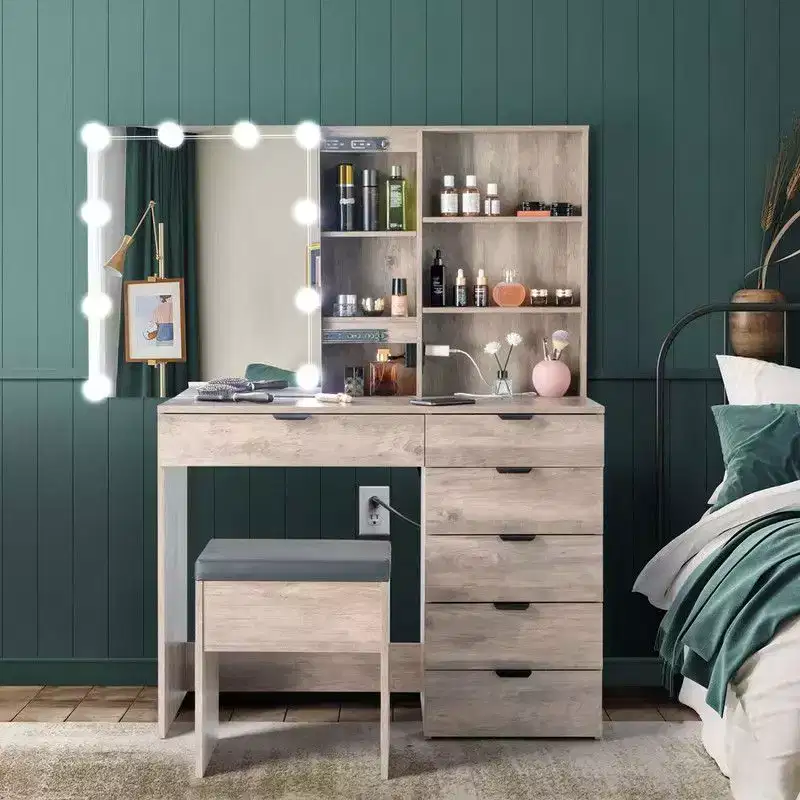 Gray Particle Board Melamine-Laminated 6-Drawer 2-Shelf Dressing Table Set