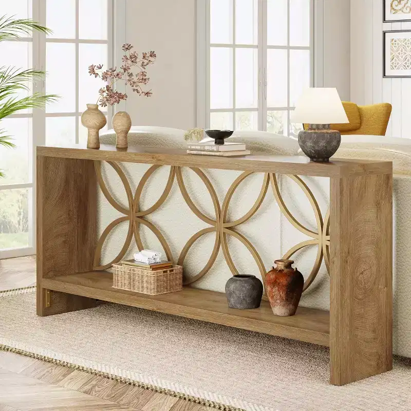 70.9-Inch Farmhouse Narrow Console Table 2-Tier Metal Frame Natural