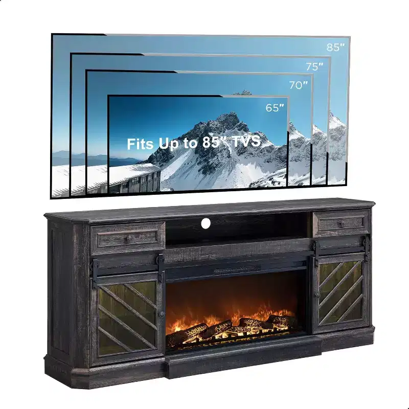 SinCiDo 75 Fireplace TV Stand, Entertainment Center w/ Fireplace, Remote Control, 7 Types of 3D Flames & Led Lights, 2 Drawers, Sliding Barn Door