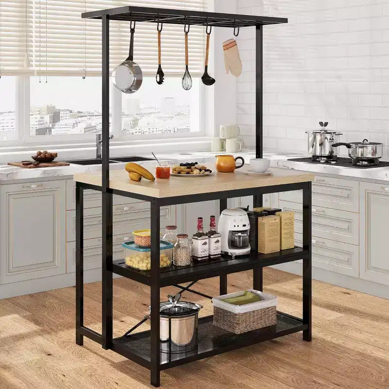 42/47 inch Kitchen Island with Storage & Seating - 3-Tier Bakers Rack, Microwave Stand, Dining Table for 4, 5 Hooks & 50lb Capacity