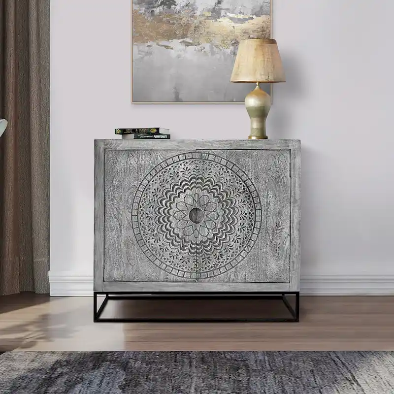 Zera 39 Inch Handcrafted Accent Cabinet with 2 Doors, Medallion Engraved, Sandblasted Gray Mango Wood, Black Iron Framed Stand