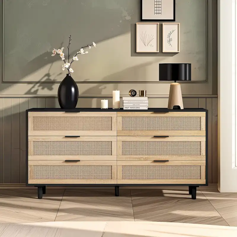 6-Drawer Rattan Dresser – Natural / Black, MDF, Bedroom Storage