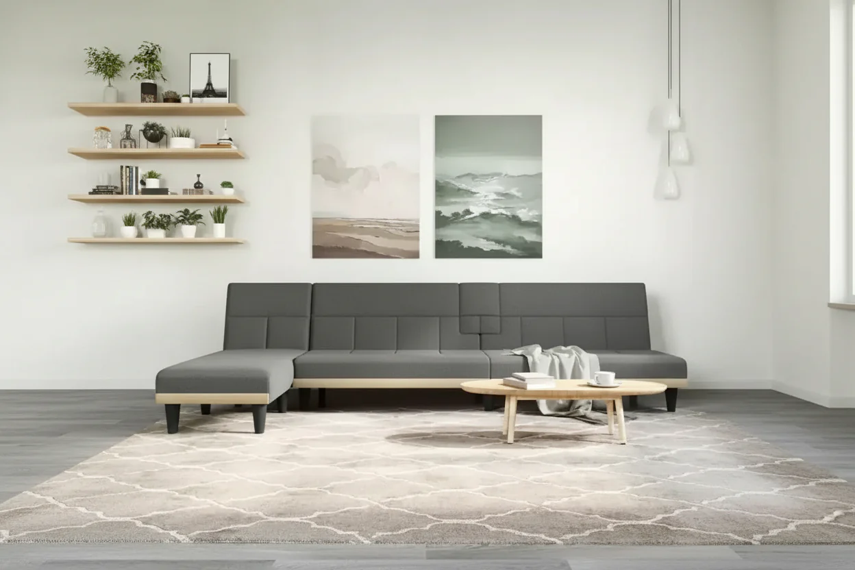 L-Shaped Sofa Bed with USB Charging Ports and Foldable Tea Table, Dark Grey