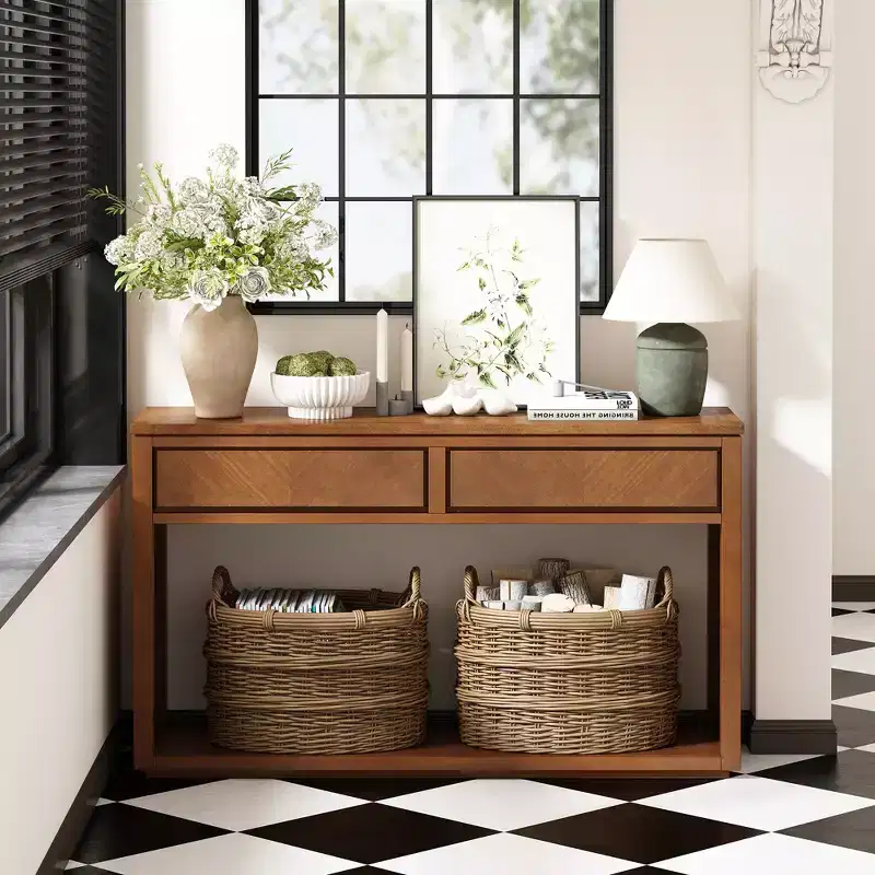 MAYEERTY Console Table Rustic Wooden with Storage Drawers Open Shelf for Hallway Living Room Honey