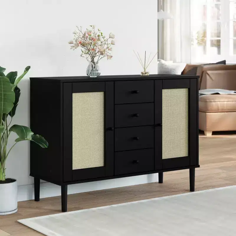 vidaXL SENJA Sideboard Buffet Storage Cabinet Rattan Look Solid Wood Pine, With 4 Drawers