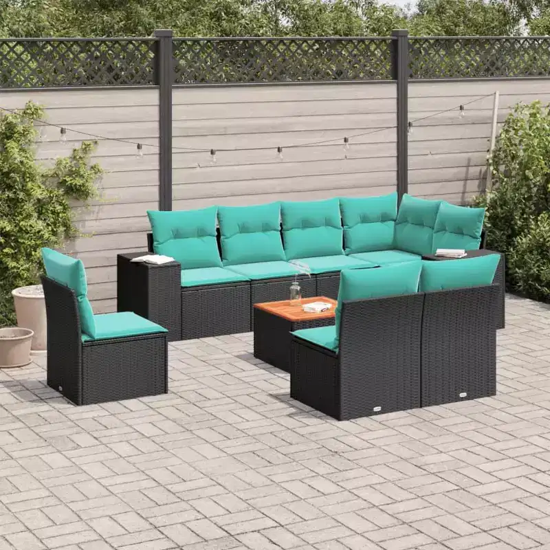 vidaXL 9 Piece Patio Sofa Set with Cushions Black Poly Rattan - Black and Blue