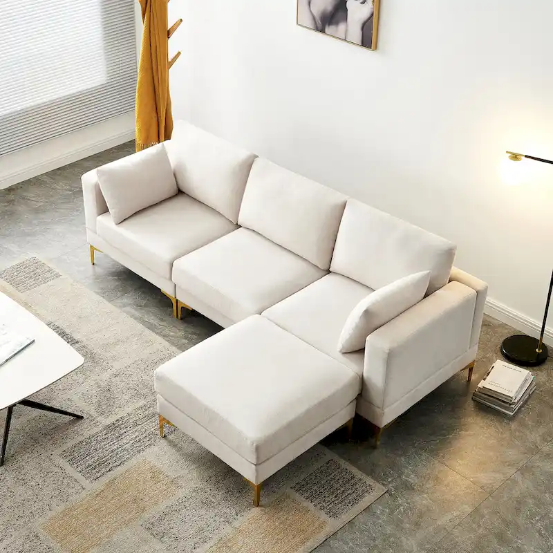 Christopher Knight Home - Beige L-Shape Sectional Sofa with Gold Metal Legs and Ottoman