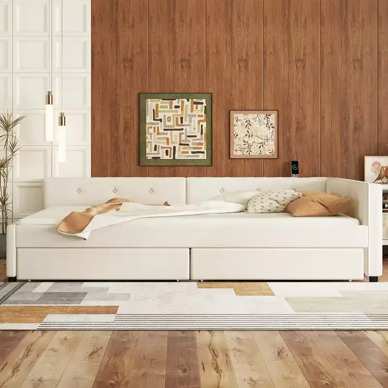 Upholstered Daybed with Storage Drawers, L Shaped Corner Sofa Bed Frame Floor Bed Frame with USB Charging for Teens Adults, Beige