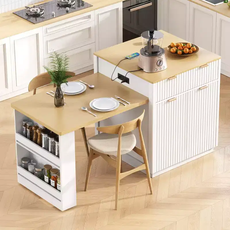 Okak Fluted Kitchen Island with Extendable Table, Countertop Organizer with Power Outlet and Double-Side Storage, Kitchen Cart for Dining Room
